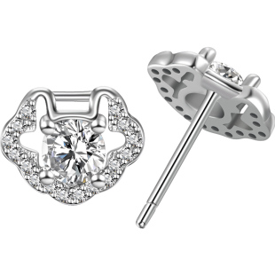 老银匠如意锁s925银小耳钉女款仿锆石中国风纯银耳饰平安锁银耳饰