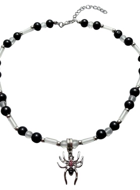 黑色水晶管串珠项链蜘蛛吊坠