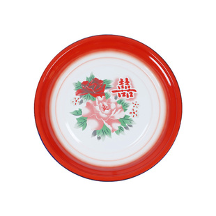 老式搪瓷茶盘子怀旧复古饭店特色菜大盘鸡鱼盘喜字铁托盘瓷盘圆形