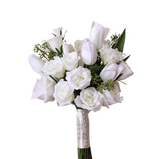 仿真花白色洋桔梗郁金香新娘婚礼拍照绢花手捧花影楼摄影假花花束