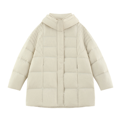 白鸭绒连帽廓形中长羽绒服