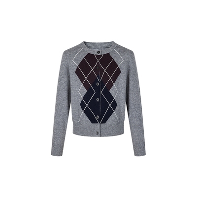 none时髦撞色菱格百搭针织开衫