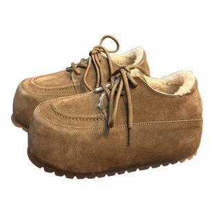 复古真皮丑萌大头勃肯鞋女厚底松糕小个子内增高加绒面包鞋乐福鞋