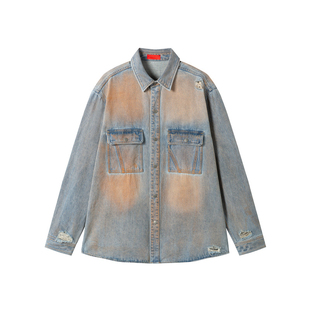 INXX泥染刷脏做旧牛仔外套男复古破洞不对称设计感上衣女潮牌