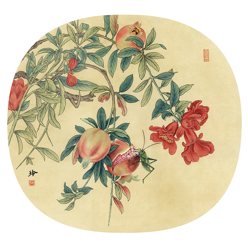 国画底稿白描线稿熟宣卡纸石榴直接上色圆形花鸟初学者临摹练习