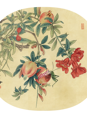 国画底稿白描线稿熟宣卡纸石榴直接上色圆形花鸟初学者临摹练习
