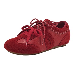 星期六真皮牛皮红色德训鞋女2025新款秋冬复古绒面保暖运动鞋板鞋