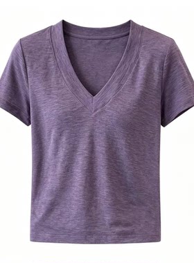 高级感紫色v领短袖t恤女夏季上衣