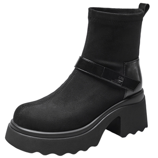 意尔康加绒时装短靴女2025冬季新款小个子增高瘦瘦靴粗高跟中筒靴