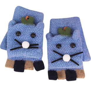 儿童手套冬宝宝女童半指翻盖可爱男孩婴幼儿加厚小孩保暖露指针织