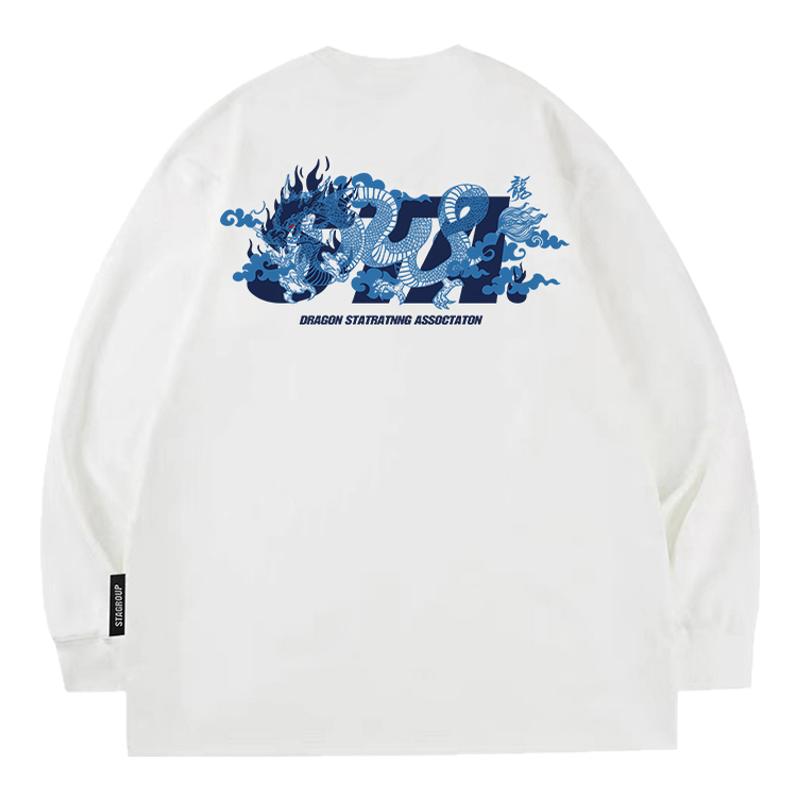 STA祥云线条龙纯棉长袖T恤男女重磅休闲潮牌宽松打底衫320克春秋