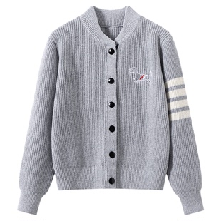 DDXZ夕子时尚百搭衣门襟撞色圆领针织开衫三条杠小狗纽扣杠条毛衣