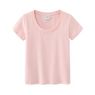 粉红色显白U领正肩T恤女短款辣妹风基础版修身短袖夏季新款上衣