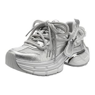 星期六网面厚底老爹鞋女2025夏新款小个子增高透气百搭休闲运动鞋