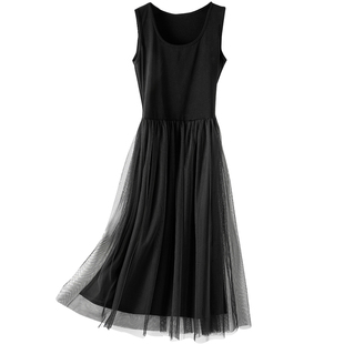 莫代尔连衣裙女春秋外穿显瘦吊带背心打底裙长款内搭黑色网纱裙子