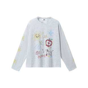 PCMY涂鸦印花薄款微透针织长袖T恤女2026春夏慵懒风宽松防晒罩衫