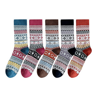 梦娜袜子女春秋款森系印花中筒袜堆堆复古民族风圣诞袜保暖长筒袜
