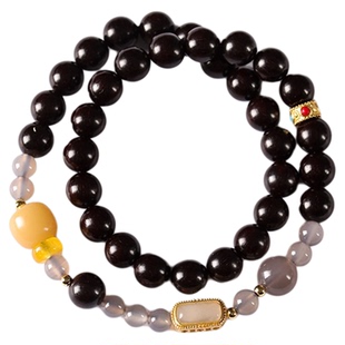 色达五明学院文艺素雅简约百搭小叶紫檀拼灰玛瑙双圈文玩手链8mm