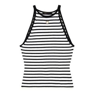 Maje春夏女装法式简约时尚黑白条纹条纹吊带打底衫短款针织上衣