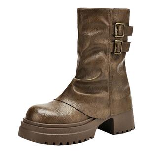 达芙妮美拉德短靴女2026新款冬季棕色西部牛仔靴裤管靴厚底马丁靴