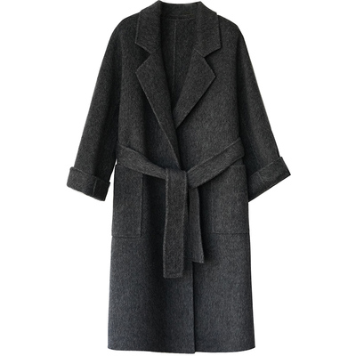 高级感黑灰色双面呢骆驼绒羊毛大衣女冬款气质中长款毛呢外套通勤