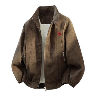查尔斯桃心加绒加厚秋冬季美拉德复古PU皮拼接休闲翻领夹克外套男
