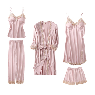 春秋睡衣女性感五件套丝绸吊带睡裙带胸垫冰丝薄款睡袍家居服夏季
