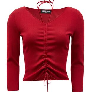 Vero Moda奥莱针织衫毛衣女秋冬新商场同款V领修身七分袖抽绳上衣