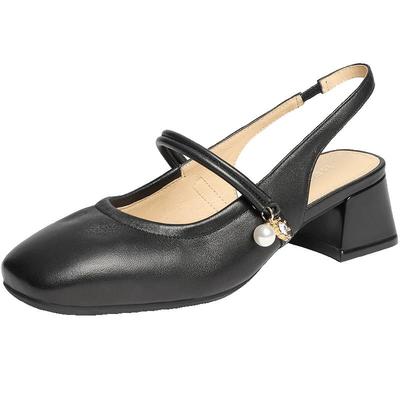 百丽粗高跟法式包头后空凉鞋