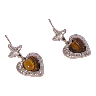 浮漾轻奢虎眼石爱心镶钻耳钉