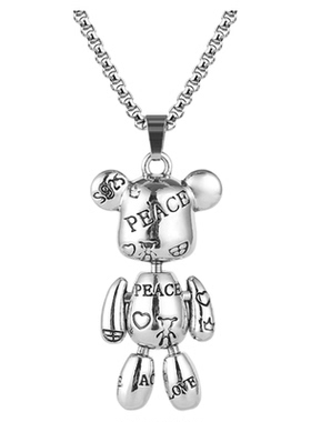 字母印花暴力小熊吊坠钛钢嘻哈项链男潮情侣毛衣链女小众卫衣配饰