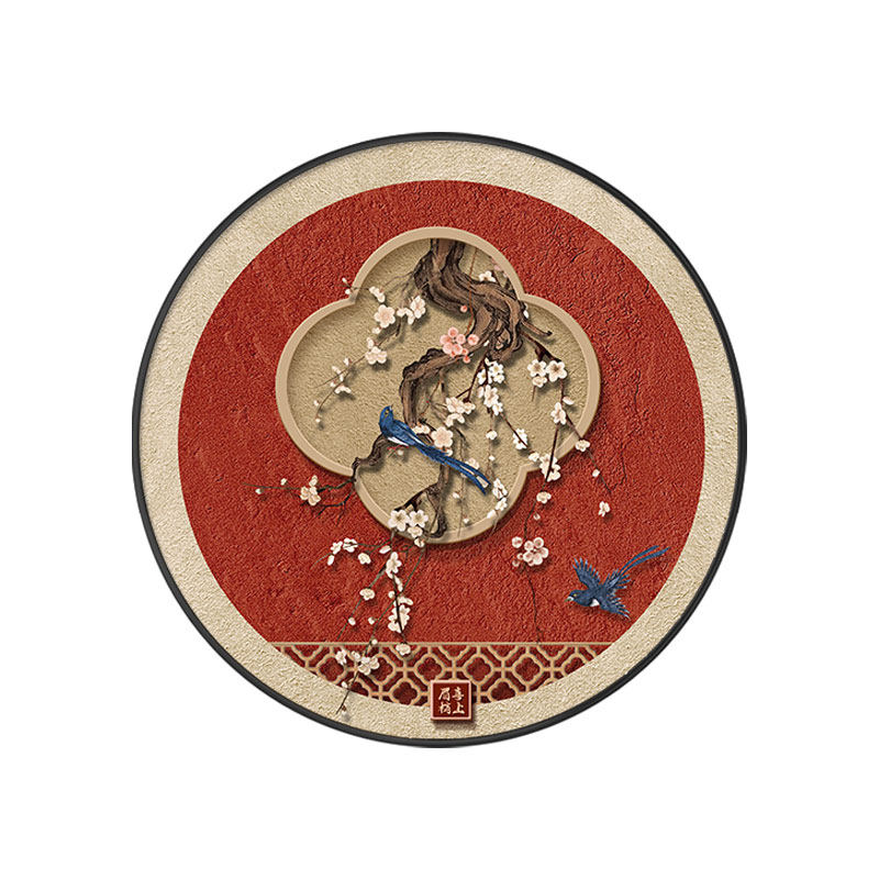 喜上眉梢花鸟玄关走道装饰画圆形背景墙面壁画中古风餐厅茶室挂画