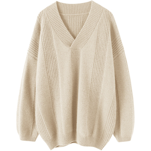 不容错过！大克重加厚混色V领100羊绒衫女纯羊绒毛衣宽松慵懒风