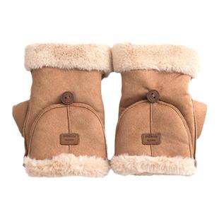 麂皮绒手套女学生秋冬天保暖可爱加绒翻盖情侣骑车触屏男半指手套