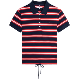 Tommy26春夏新款女装潮流抽绳下摆休闲条纹四粒扣短袖T恤POLO衫
