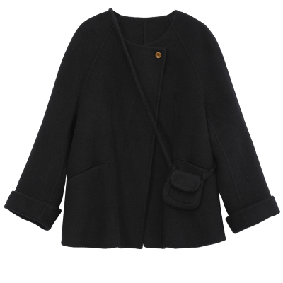 图曼朵黑灰色双面呢短款毛呢外套