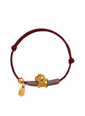 沙金马上有钱福牌红绳手链金店同款马年生肖编织手绳男女招财纳福