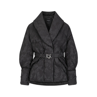 艾莱依鹅绒羽绒服女新款重工提花加厚保暖翻领西装领收腰优雅外套