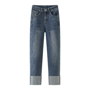 卷边直筒牛仔裤女春季新款大码胖mm高腰弹力显瘦小个子九分烟管裤