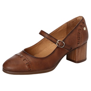 Pikolinos派高雁秋季擦色牛皮一字扣带粗高跟玛丽珍鞋PL235215