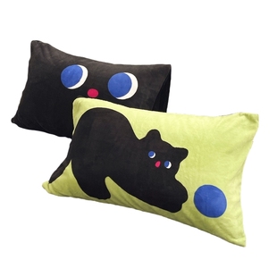 小夜猫 鬼马原创奶油绒枕套枕头罩小黑猫毛绒床品卡通深色亲肤软