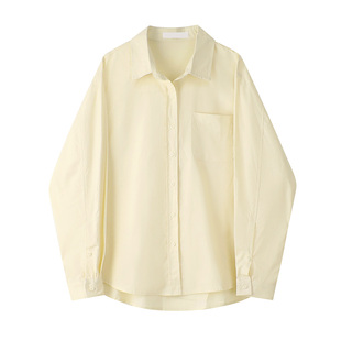 自制奶油黄长袖衬衫女夏宽松日系学生设计感高级防晒衫鹅黄色衬衣