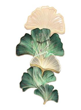 银杏叶玄关装饰画轻奢高级感钟表挂画入户门创意时钟壁灯客厅挂件