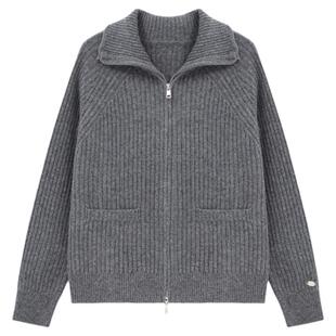 百家好翻领竖条纹短款羊毛衫女秋冬灰色保暖百搭插肩袖双拉链上衣