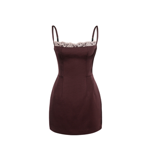 MummyCat下蛋喵【佩塔利亚】蕾丝拼接仿醋酸缎面吊带短款连衣裙