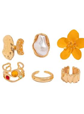 欧美跨境ins巴洛克仿珍珠镶宝石戒指 设计感液态熔岩花朵开口戒指