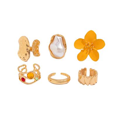 欧美跨境ins巴洛克仿珍珠镶宝石戒指 设计感液态熔岩花朵开口戒指