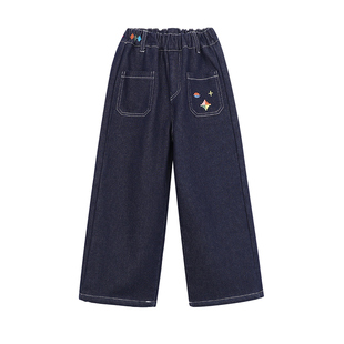 PISELLI史豌豆女童2025新款加绒牛仔裤儿童洋气刺绣深色休闲裤子