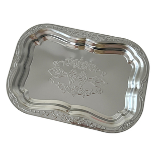 ins复古浮雕桌面收纳盘香水化妆品整理置物盘托盘银色不锈钢盘子
