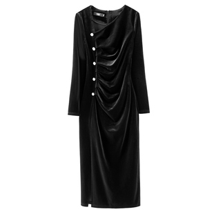 黑色金丝绒长裙春装2026新款高端气质修身显瘦赫本风小黑裙连衣裙